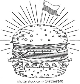 Hamburger/ Cheeseburger with a flag - black and white illustration/ drawing