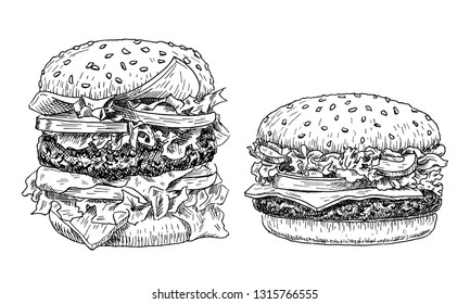 Hamburger and cheeseburger hand drawn vector illustration. Fast food engraved style. Burgers sketch isolated on white background.