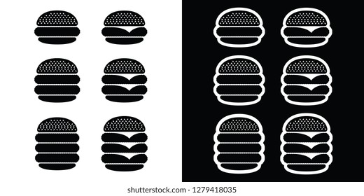 Hamburger and cheeseburger icon set with black vector burgers icons and triple and double burgers isolated on a white background with a black sticker version white outlined set