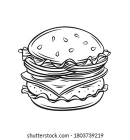 Hamburger or cheeseburger outline cartoon vector icon. Engraved drawn illustration of fast food takeaway meal for menu cafe design.