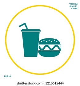 Hamburger or Cheeseburger, Paper cup with drinking straw icon. Graphic elements for your design