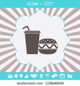 Hamburger or Cheeseburger, Paper cup with drinking straw icon. Graphic elements for your design