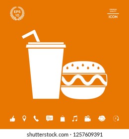 Hamburger or Cheeseburger, Paper cup with drinking straw icon. Graphic elements for your design