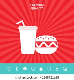 Hamburger or Cheeseburger, Paper cup with drinking straw icon. Graphic elements for your design
