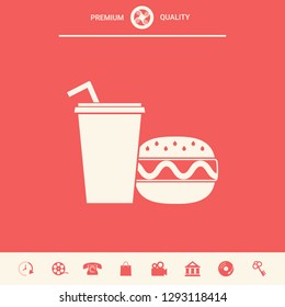 Hamburger or Cheeseburger, Paper cup with drinking straw icon. Graphic elements for your design