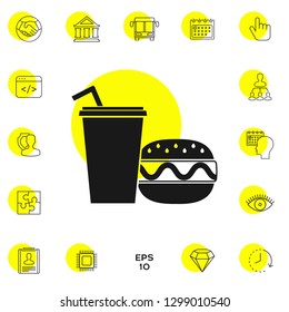 Hamburger or Cheeseburger, Paper cup with drinking straw icon. Graphic elements for your design