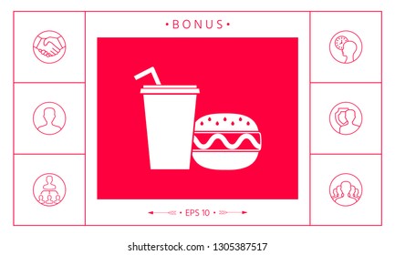 Hamburger or Cheeseburger, Paper cup with drinking straw icon. Graphic elements for your design