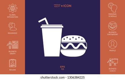 Hamburger or Cheeseburger, Paper cup with drinking straw icon. Graphic elements for your design