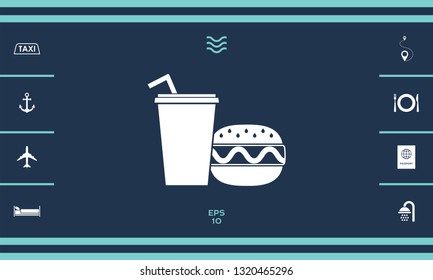 Hamburger or Cheeseburger, Paper cup with drinking straw icon. Graphic elements for your design