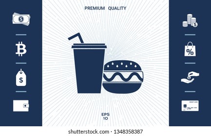 Hamburger or Cheeseburger, Paper cup with drinking straw icon. Graphic elements for your design