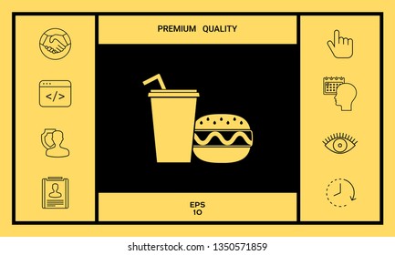 Hamburger or Cheeseburger, Paper cup with drinking straw icon. Graphic elements for your design