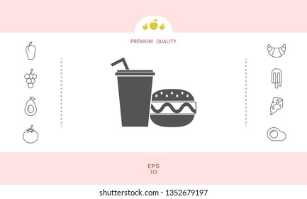 Hamburger or Cheeseburger, Paper cup with drinking straw icon. Graphic elements for your design
