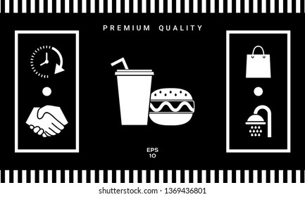 Hamburger or Cheeseburger, Paper cup with drinking straw icon. Graphic elements for your design