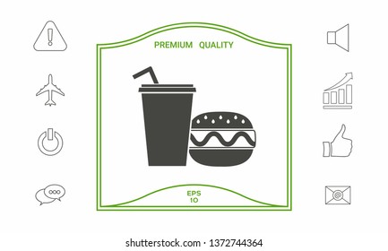 Hamburger or Cheeseburger, Paper cup with drinking straw icon. Graphic elements for your design