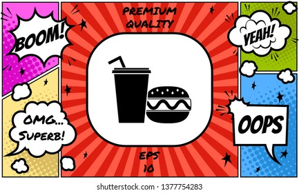 Hamburger or Cheeseburger, Paper cup with drinking straw icon. Graphic elements for your design