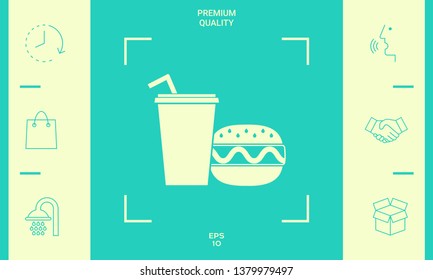 Hamburger or Cheeseburger, Paper cup with drinking straw icon. Graphic elements for your design