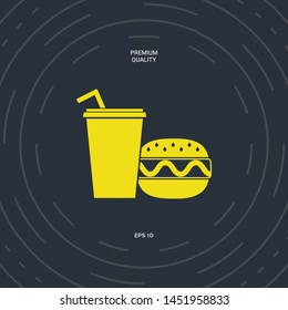 Hamburger or Cheeseburger, Paper cup with drinking straw icon. Graphic elements for your design