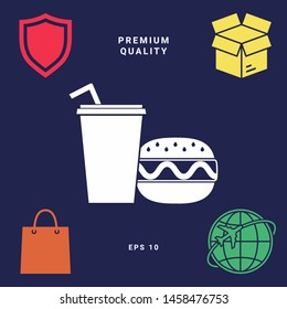 Hamburger or Cheeseburger, Paper cup with drinking straw icon. Graphic elements for your design