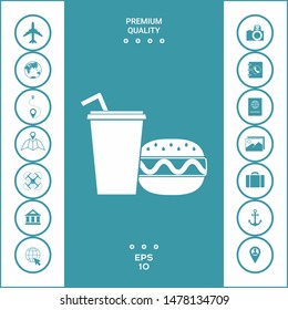 Hamburger or Cheeseburger, Paper cup with drinking straw icon. Graphic elements for your design