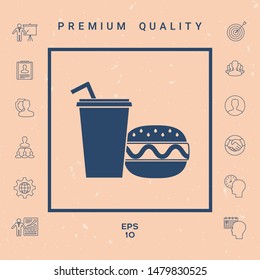 Hamburger or Cheeseburger, Paper cup with drinking straw icon. Graphic elements for your design
