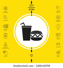 Hamburger or Cheeseburger, Paper cup with drinking straw icon. Graphic elements for your design