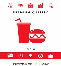 Hamburger or Cheeseburger, Paper cup with drinking straw icon. Graphic elements for your design