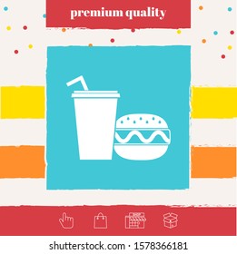 Hamburger or Cheeseburger, Paper cup with drinking straw icon. Graphic elements for your design