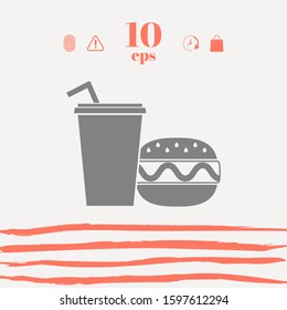 Hamburger or Cheeseburger, Paper cup with drinking straw icon. Graphic elements for your design