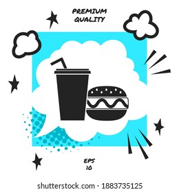 Hamburguesa o Cheeseburger, taza de papel con icono de paja. Elementos gráficos para su diseño