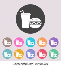 Hamburger or Cheeseburger, Paper cup with drinking straw icon. Set of colored icons.