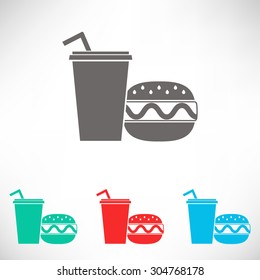 Hamburger or Cheeseburger, Paper cup with drinking straw icon. Set of varicolored icons.