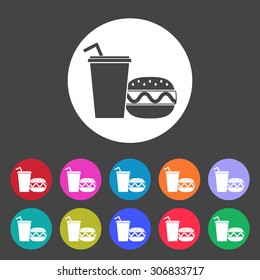 Hamburger or Cheeseburger, Paper cup with drinking straw icon. Set of colored icons.