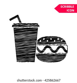 Hamburger or Cheeseburger, Paper cup with drinking straw icon. Scribble icon for you design.