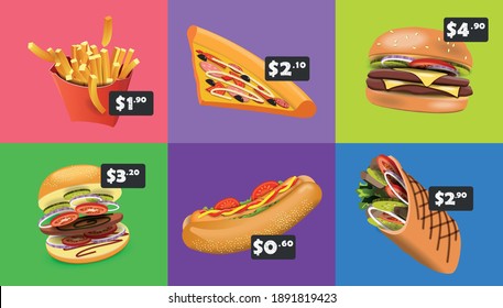 Hamburger, cheeseburger, pizza and French fries on the colorful menu for the restaurant. Vector banner