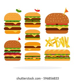 Hamburger, cheeseburger, sandwich, double burger with beef burger with cheese and bacon, french fries vector flat material design isolated on white