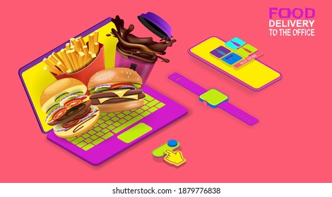 hamburger cheeseburger and spilling coffee on a laptop screen in isometric. Vector banner