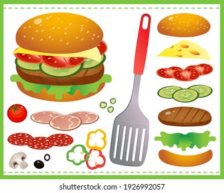 Hamburger or cheeseburger with tomatoes, cutlet, beef, salad and cheese on a white background. Food and ingredients. Vector illustration set for kids.