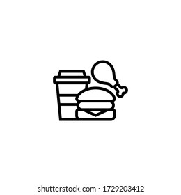 Hamburger, chicken and drink vector icon in linear, outline icon isolated on white background