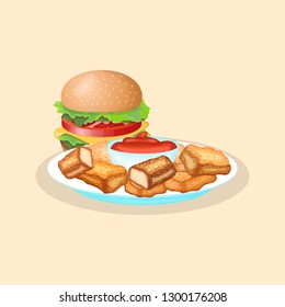 Hamburger and chicken nuggets with sauce - cute cartoon colored picture. Graphic design elements for menu, poster, brochure. Vector illustration of fast food for snack bar, bistro, cafe or restaurant