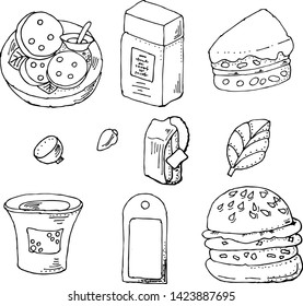 Hamburger and chips, tea and coffee Hand drawn