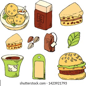 Hamburger and chips, tea and coffee Hand drawn