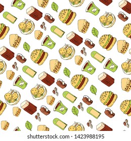 Hamburger and chips, tea and coffee Hand drawn seamless pattern