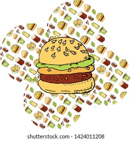 Hamburger and chips, tea and coffee Hand drawn postcard round