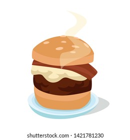 Hamburger, Classic American Burger. Delicious tasty and juicy sandwich with melting cheese, beef and bacon. Isolated on white background.