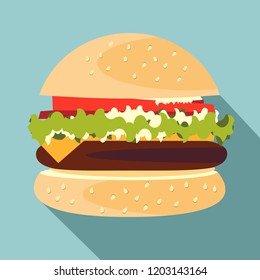 Hamburger Classic Burger American Cheeseburger with Lettuce Tomato Onion Cheese Beef and Sauce flat design icon vector eps 10
