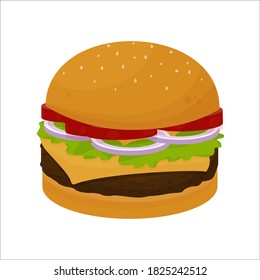 Hamburger Classic Burger American Cheeseburger with Lettuce Tomato Onion Cheese Beef and Sauce Close up isolated on white Background. Fast Food