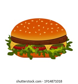 Hamburger, classic burger, cheeseburger with salad and tomatoes. Fast food. Cartoon vector illustration isolated on white background.