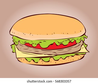 Hamburger, classic burger. Hand drawn vector illustration.