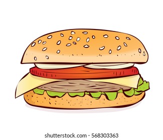 Hamburger, classic burger. Hand drawn vector illustration.