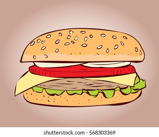 Hamburger, classic burger. Hand drawn vector illustration.